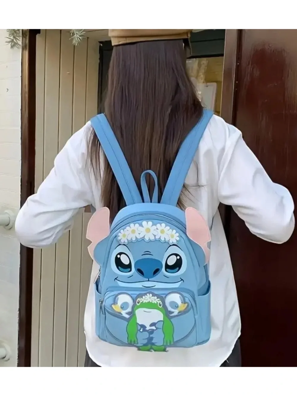 ❌SOLD❌Love Stitch Blue Kids Backpack with Green Frog and Pink Ear Accents